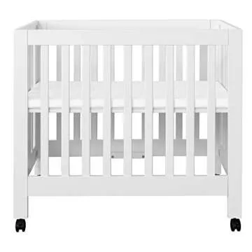 Babyletto Origami Mini Portable Crib Folding with Wheels in White, 2 Adjustable Mattress Positions, Greenguard Gold Certified