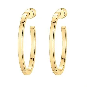 PAVOI 14K Yellow Gold Plated Thin Square Edge Open Hoop Earrings for Women | Leightweight 30MM Diameter Hoops
