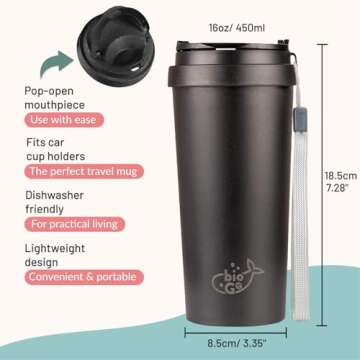 bioGo 16oz Cup, Rice Husk Fibre, BPA-Free, Double Wall Insulation Reusable Coffee Cups, On-The-Go Travel Mug, Screw Tight Lid, Textured Grip, Ultra Lightweight Microwave Tumbler (Midnight Black, 16oz)