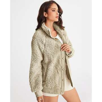 MEROKEETY Women's 2024 Winter Long Sleeve Button Sherpa Jacket Coat Casual Warm Fleece Beige