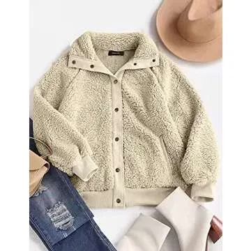 MEROKEETY Women's 2024 Winter Long Sleeve Button Sherpa Jacket Coat Casual Warm Fleece Beige