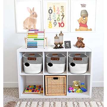 NaturaClo Cotton Rope Storage Basket Set of 3 | Decorative Woven Basket W/Leather Basket Handles & Chalk Tags |Woven Baskets for Storage, Baby Diapers and Toy Organizer | Size: 15' x 10' x 9' inches