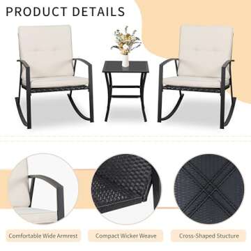 Walsunny 3 Pieces Patio Set Outdoor Wicker Patio Furniture Sets Modern Rocking Bistro Set Rattan Chair Conversation Sets with Coffee Table (Beige)