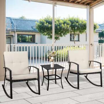 Walsunny 3 Pieces Patio Set Outdoor Wicker Patio Furniture Sets Modern Rocking Bistro Set Rattan Chair Conversation Sets with Coffee Table (Beige)