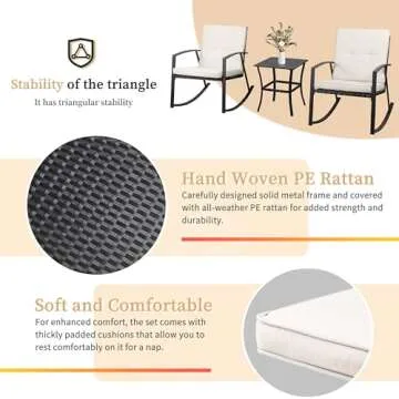 Walsunny 3 Pieces Patio Set Outdoor Wicker Patio Furniture Sets Modern Rocking Bistro Set Rattan Chair Conversation Sets with Coffee Table (Beige)