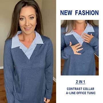SeSe Code Women's Long Sleeve Contrast Collar Shirt A-line Pleated Office Tunic