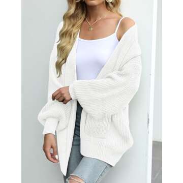 MEROKEETY Women's Fall Open Front Long Lantern Sleeve Cardigan Oversized Chunky Outwear with Pocket White