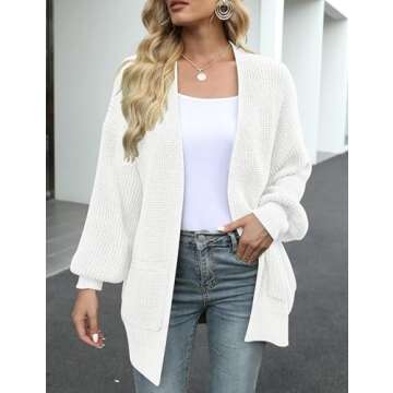 MEROKEETY Women's Fall Open Front Long Lantern Sleeve Cardigan Oversized Chunky Outwear with Pocket White