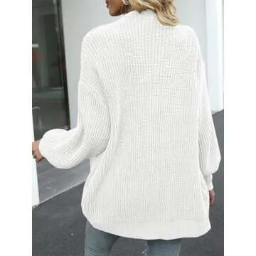 MEROKEETY Women's Fall Open Front Long Lantern Sleeve Cardigan Oversized Chunky Outwear with Pocket White