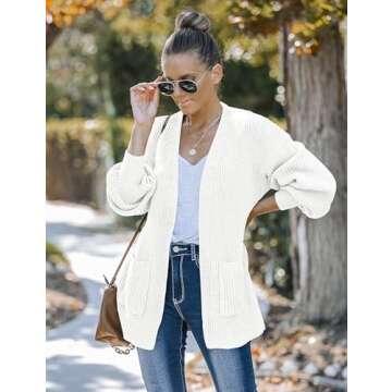 MEROKEETY Women's Fall Open Front Long Lantern Sleeve Cardigan Oversized Chunky Outwear with Pocket White