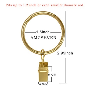 AMZSEVEN 40 Pack Metal Curtain Rings with Clips, Drapery Clips Hooks, Decorative Curtain Rod Clips 1.5 in Interior Diameter, Gold