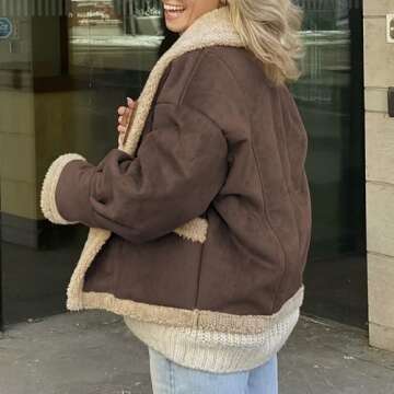 Hixiaohe Womens Fall Jackets Faux Suede Coats Sherpa Lined Outerwear Casual Fashion Button Down Lapel Overcoat Warm Clothes(Chestnut,S)