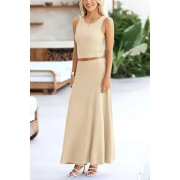 PRETTYGARDEN Women's 2 Piece Maxi Skirt Sets Casual Summer Knit Cropped Tank Top High Waisted Long Skirts Outfit (Beige,Large)