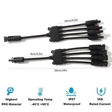 JHBOX Solar Panel Connector Y Branch Solar Connector 1 to 4, 10 AWG Solar Cable and Connectors for Solar Combiner Box (1 Pair 1Y4)