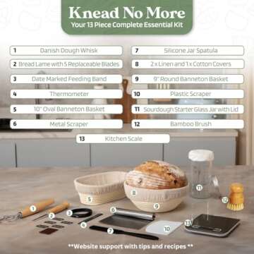 Complete Sourdough Starter Kit, Sour Dough Bread Baking Supplies with Food Scale, 9" Round and 10" Oval Banneton Proofing Baskets, Glass Starter Jar, Bread Lame, Danish Whisk & More. Bakers gift.