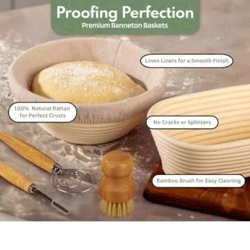 Complete Sourdough Starter Kit, Sour Dough Bread Baking Supplies with Food Scale, 9" Round and 10" Oval Banneton Proofing Baskets, Glass Starter Jar, Bread Lame, Danish Whisk & More. Bakers gift.