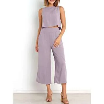 ANRABESS Women's Summer 2 Piece Outfits Sleeveless Crop Top Capri Wide Leg Pants Jumpsuit Casual Linen Lounge Matching Sets Beach Travel 2025 Trendy Clothes Purple Small
