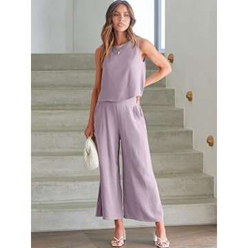 ANRABESS Women's Summer 2 Piece Outfits Sleeveless Crop Top Capri Wide Leg Pants Jumpsuit Casual Linen Lounge Matching Sets Beach Travel 2025 Trendy Clothes Purple Small