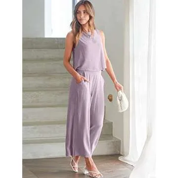 ANRABESS Women's Summer 2 Piece Outfits Sleeveless Crop Top Capri Wide Leg Pants Jumpsuit Casual Linen Lounge Matching Sets Beach Travel 2025 Trendy Clothes Purple Small