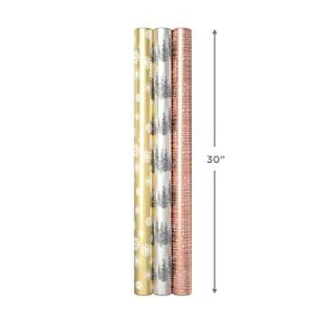 Hallmark Foil Wrapping Paper with Cut Lines on Reverse (3 Rolls: 60 Sq. Ft. Ttl) Rose Gold, Silver Trees, Gold Snowflakes for Winter Weddings, Graduations, Valentine's Day