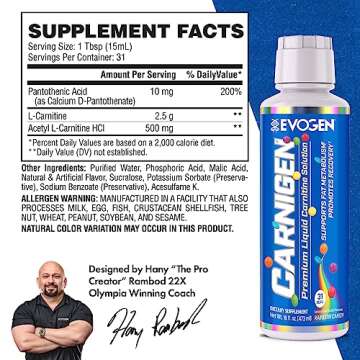 Evogen Carnigen Premium L Carnitine Liquid – L Carnitine 3000 Supplement for Fat Metabolism & Reco...