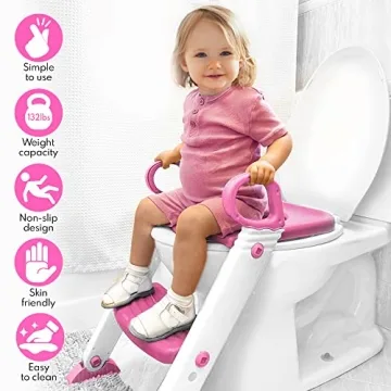 Potty Training Seat Toilet w/Step Stool Ladder & Splash Guard, Kids Toddlers Trainer w/Handles. Sturdy & Foldable. Non-Slip Steps & Anti Slip Pads. Adjustable Potty Chair - Boys Girls Baby (Pink)
