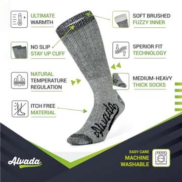 Alvada Merino Wool Hiking Socks Thermal Warm Crew Winter Boot Sock For Men Women 3 Pairs SM
