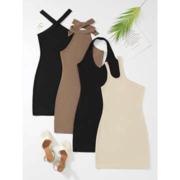 GORGLITTER Women's 4 Pieces One Shoulder Halter Bodycon Mini Dress Ribbed Knit Sleeveless Short Dresses