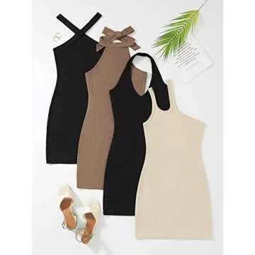 GORGLITTER Women's 4 Pieces One Shoulder Halter Bodycon Mini Dress Ribbed Knit Sleeveless Short Dresses