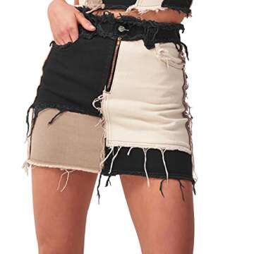 Tulucky Womens Fashion Mid-Rise Color Blocking Patchwork Ripped Stretch Denim Skirts(Black,M)