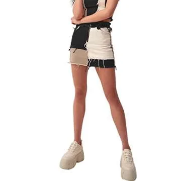 Tulucky Womens Fashion Mid-Rise Color Blocking Patchwork Ripped Stretch Denim Skirts(Black,M)