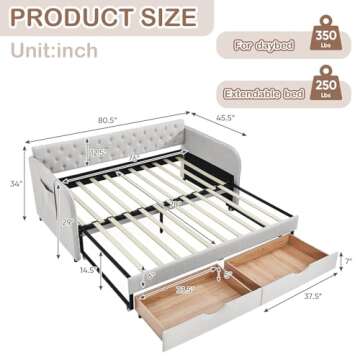 Antetek 80.5" Daybed with Drawer, Modern Button Tufted Linen Day Bed with Trundle Bed Twin to King, Upholstered Daybed Frame w/Storage Pocket for Bedroom, Living Room, No Box Spring Needed, Beige