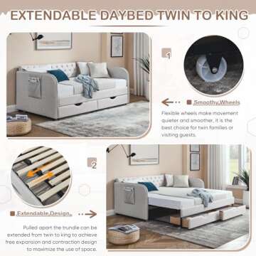Antetek 80.5" Daybed with Drawer, Modern Button Tufted Linen Day Bed with Trundle Bed Twin to King, Upholstered Daybed Frame w/Storage Pocket for Bedroom, Living Room, No Box Spring Needed, Beige