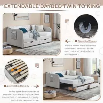 Antetek 80.5" Daybed with Drawer, Modern Button Tufted Linen Day Bed with Trundle Bed Twin to King, Upholstered Daybed Frame w/Storage Pocket for Bedroom, Living Room, No Box Spring Needed, Beige