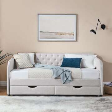 Antetek 80.5" Daybed with Drawer, Modern Button Tufted Linen Day Bed with Trundle Bed Twin to King, Upholstered Daybed Frame w/Storage Pocket for Bedroom, Living Room, No Box Spring Needed, Beige