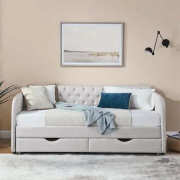 Antetek 80.5" Daybed with Drawer, Modern Button Tufted Linen Day Bed with Trundle Bed Twin to King, Upholstered Daybed Frame w/Storage Pocket for Bedroom, Living Room, No Box Spring Needed, Beige