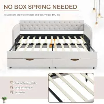 Antetek 80.5" Daybed with Drawer, Modern Button Tufted Linen Day Bed with Trundle Bed Twin to King, Upholstered Daybed Frame w/Storage Pocket for Bedroom, Living Room, No Box Spring Needed, Beige