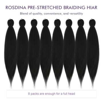 ROSDINA Pre-stretched Braiding Hair - 30 Inch 8 Packs Natural Black Super Long Braiding Hair For Twist or Box Braids, Yaki Texture Hot Water Setting Synthetic Braiding Hair Extensions (30 Inch, 1B-8P)