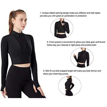 KTILG Womens Cropped Jacket Half Zip Pullover Slim Fit Yoga Running Athletic Workout Jackets Long Sl...
