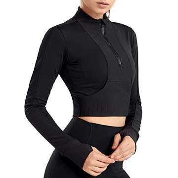 KTILG Womens Cropped Jacket Half Zip Pullover Slim Fit Yoga Running Athletic Workout Jackets Long Sleeve Activewear Top Black M