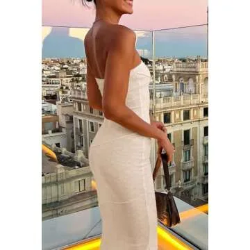 PRETTYGARDEN Women Long Bodycon Dress Summer Off Shoulder Strapless Bandeau Tube Maxi Dresses (Beige,Medium)