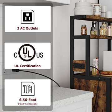 Amyove Bakers Rack with Power Outlet, Rustic Microwave Stand with 2 Drawer, Bakers Racks for Kitchens with Storage, 5-Tier Kitchen Storage Rack for Dining, Small Space, Apartment