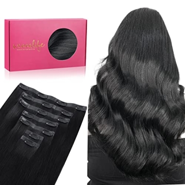 WENNALIFE Seamless Clip In Hair Extensions, 20 Inch 150g 7pcs Jet Black, Human Hair Invisible PU Ski...