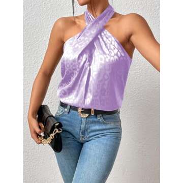 SweatyRocks Women's Crisscross Satin Halter Tops Keyhole Neck Loose Off Shoulder Casual Elegant Party Tank Tops Camis Mauve Purple XS