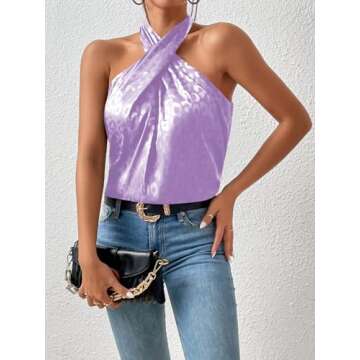 SweatyRocks Women's Crisscross Satin Halter Tops Keyhole Neck Loose Off Shoulder Casual Elegant Party Tank Tops Camis Mauve Purple XS