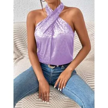 SweatyRocks Women's Crisscross Satin Halter Tops Keyhole Neck Loose Off Shoulder Casual Elegant Party Tank Tops Camis Mauve Purple XS