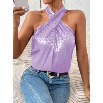 SweatyRocks Women's Crisscross Satin Halter Tops Keyhole Neck Loose Off Shoulder Casual Elegant Party Tank Tops Camis Mauve Purple XS