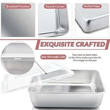 E-far 9 Inch Square Cake Pan with lid, 9x9 Baking Brownie Pans Stainless Steel Bakeware Set of 2, Non-toxic & Healthy, Easy Clean & Dishwasher Safe - 4 Pieces(2 Pans + 2 Lids)