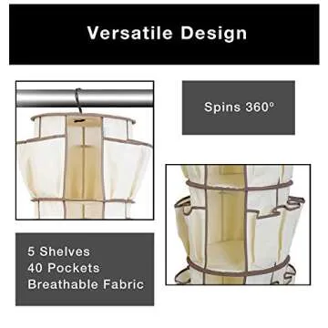 Smart Design 5-Tier Smart Carousel Organizer w/ 40 Pockets & Steel Metal Hook - 360 Degree Swivel - Heavy Duty Fabric - Clothing, Shoes, Misc. Item - Home Organization (13 x 51.8 Inch) [Beige]