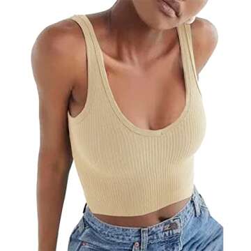 Artfish Women's Sleeveless Shirt Ribbed Fitted Scoop Neck Basic Crop Tank Top Cotton Beige Tan S